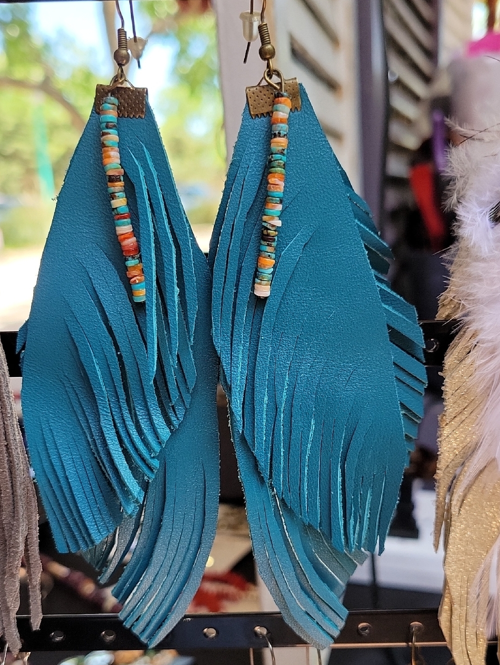 Teal Fringe Leather Bead Drop Earrings